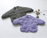 儿童冬款棉衣时尚风衣夹棉外套菱格风衣薄棉外套加厚紫色韩版