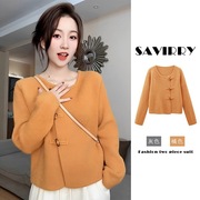 新中式盘扣毛针织衫，女款今年流行的漂亮外套，橘黄色毛衣打底衫上衣