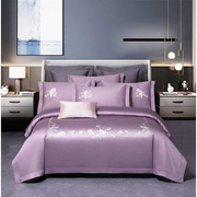 欧式结婚庆床品四件套全棉，纯棉紫粉色，被罩床单新中式刺绣床上用品