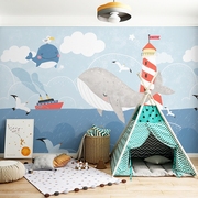 北欧简约淡蓝色儿童房墙纸卡通，动物鲸鱼壁纸男女孩房卧室条纹壁布