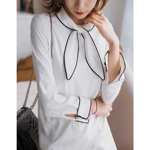 x浪漫优雅减龄蝴蝶领结，设计经典黑白色镶边宽松轻盈雪纺连衣裙#