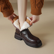 羊皮毛一体雪地靴女真皮，厚底大棉鞋坡跟，松糕底厚毛短靴显瘦马丁靴