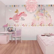 北欧ins儿童房背景墙纸卡通，公主女孩卧室无纺布，壁纸城堡墙布壁画