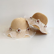 儿童草帽夏季遮阳防晒帽蕾丝，花朵帽子女，宝宝可爱甜美出游沙滩凉帽