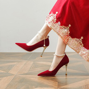 一字带高跟鞋女细跟单鞋，红色法式秀禾婚纱两穿婚鞋41-43大码女鞋