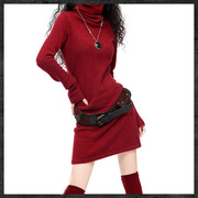 秋冬韩版女装堆堆领喇叭袖，打底毛衣中长款修身显瘦套头针织衫