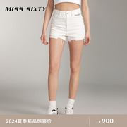 Miss Sixty2024夏季牛仔短裤女白色链条破烂设计高腰显瘦直筒