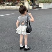 女童个性立领短袖T恤2023夏季儿童韩版洋气薄款纯色上衣童装