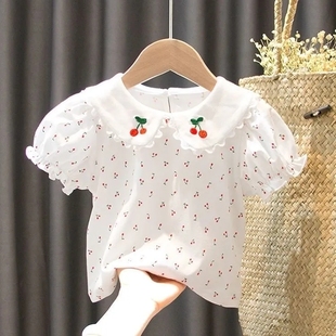 女童短袖t恤夏装洋气，1-6岁女宝宝，娃娃领打底衫婴幼儿纯棉上衣