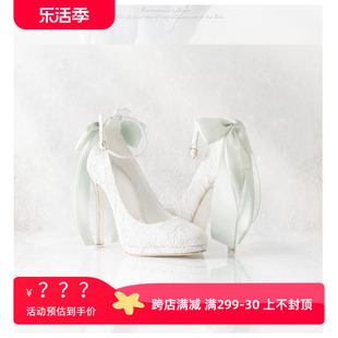 2024春季日系maylaclassic同款白色丝带甜美高跟鞋蕾丝婚鞋