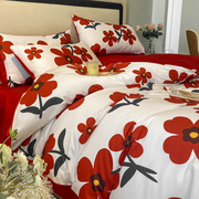 小清新亲肤棉被套，印花四件套喜庆大红色被罩，床单床笠婚房床上用品