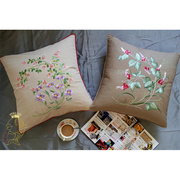 日系简约田园手绣风格花卉植物，亚麻抱枕靠枕套，藤椅沙发床靠垫