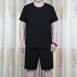 中老年男夏季棉绸短袖T恤短裤两件套装大码爸爸人造棉睡衣家居服