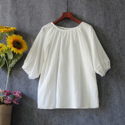 白t恤女短袖上衣棉麻小清新文艺女装夏季减龄显瘦圆领，白罩衫(白罩衫)宽松