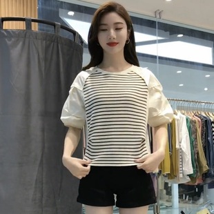 短袖衬衫女韩系条纹拼接假两件2023圆领高级感小个子夏季上衣