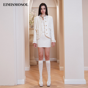 EIMISMOSOL24春季金丝白色小香风外套抹胸上衣短裙三件套套装