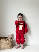 韩版冬季女童卡通印花加绒运动套装，男宝宝可爱卫衣卫裤两件套