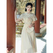 新中式法式复古改良旗袍超仙女装高腰显瘦碎花连衣裙