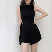 黑色连体短裤女雪纺2023夏季高腰显瘦小个子时尚，工装连衣裤潮