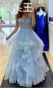 欧美跨境蓝色公主梦幻，婚纱2023吊带，v领公主裙派对晚礼服