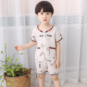 儿童米色汉服唐装套装夏季L7中国风儿童装男童棉麻短袖短裤两件套