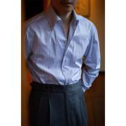 UGENTLE男装 绿标系列「琉璃蓝条纹」意式复古一片领绅士长袖衬衫