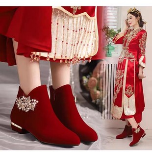 冬季婚鞋新娘鞋女2023平底红色，靴子粗跟孕妇，结婚秀禾婚纱两穿
