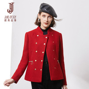 设计感红色呢子外套女秋冬2022洋气小个子短款别致西装上衣