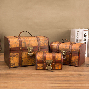 欧式带锁地图木质木箱子复古做旧收纳盒创意首饰盒百宝箱密室道具