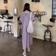  2022韩国紫色蝴蝶结泡泡袖连衣裙韩式复古高腰宽松长款裙子