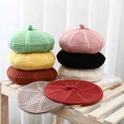 儿童毛线帽子秋冬糖果色，韩国女童保暖帽子贝雷帽宝宝针织帽潮