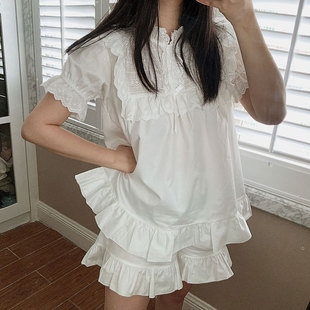 日系纯棉睡衣女夏短袖(夏短袖)短裤两件套仙女，白色家居服薄款甜美可爱睡衣