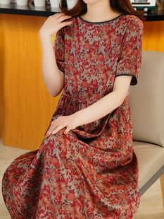 杭州丝绸真丝香云纱连衣裙，女夏季显瘦气质妈妈，碎花桑蚕丝裙子