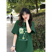 墨绿色短袖t恤女2024夏季女装纯棉夏装宽松半袖上衣少女体恤