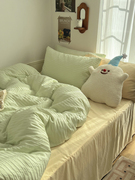 日式纯棉撞色双拼四件套，0简约床品床单，被套床笠素色三件套纯色素