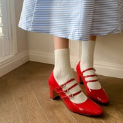 法式小皮鞋高跟女三根带扣玛丽珍赫本小红鞋粗跟中跟浅口单鞋婚鞋