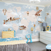 北欧儿童房壁纸男孩女孩幼儿园卧室背景墙纸卡通飞机世界地图墙布