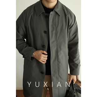 yuxian巴尔玛中款风衣暗门襟中长款大衣，单排扣休闲商务男士四季款