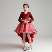 儿童红色礼服公主裙女童洋气，生日小女孩花童婚礼主持人钢琴演出服