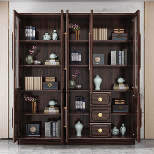 新中式实木书柜紫金檀木储物柜置物柜玻璃柜靠墙书房家具组合