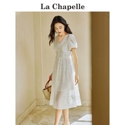 拉夏贝尔lachapelle法式泡泡袖，连衣裙女夏季v领镂空显瘦a字裙