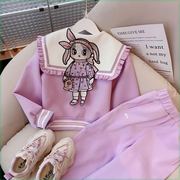 女童套装春秋2024韩版洋气，公主风女孩卡通，外套百褶裙子两件套