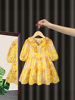 女童连衣裙2023夏装黄色战袍，亲子装时尚雪纺公主裙沙滩长裙子