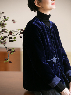 布小匠原创设计冬季真丝丝绒，夹棉外套中式复古蓝色棉衣