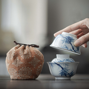手绘青花竹旅行茶具套装便携式快客杯收纳袋一壶一杯户外盖碗茶杯