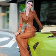 春秋一整套印花翻领小西服喇叭裤两件套新款收腰OL西装套装