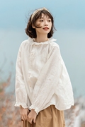 白色荷叶领衬衫日系亚麻上衣女装百搭早春减龄气质长袖娃娃衫