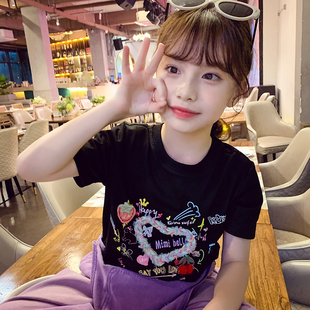 女童短袖t恤夏装2024洋气儿童网红卡通上衣，小女孩韩版打底衫