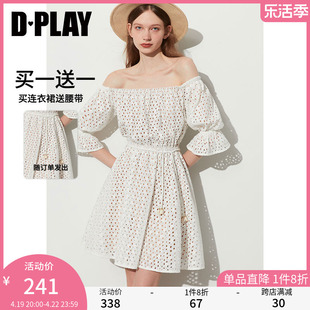 DPLAY夏新度假风时尚白一字肩气质镂空机绣两穿蕾丝连衣裙