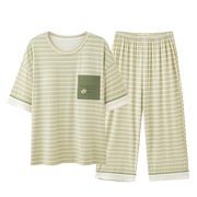女士绿色格子圆领，口袋短袖七分裤睡衣夏季莫代尔学生夏天套装